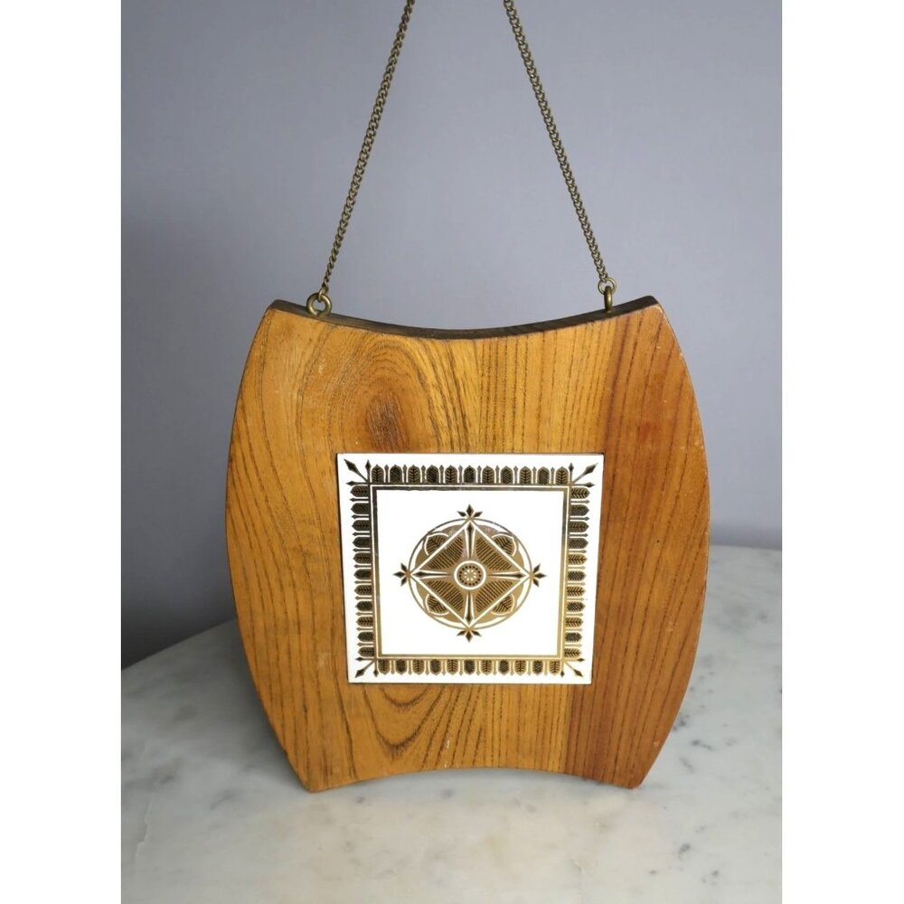 Vtg Wooden Gold Tile Wall Hanging Cutting Cheese Board MCM MIdcentury Ornate